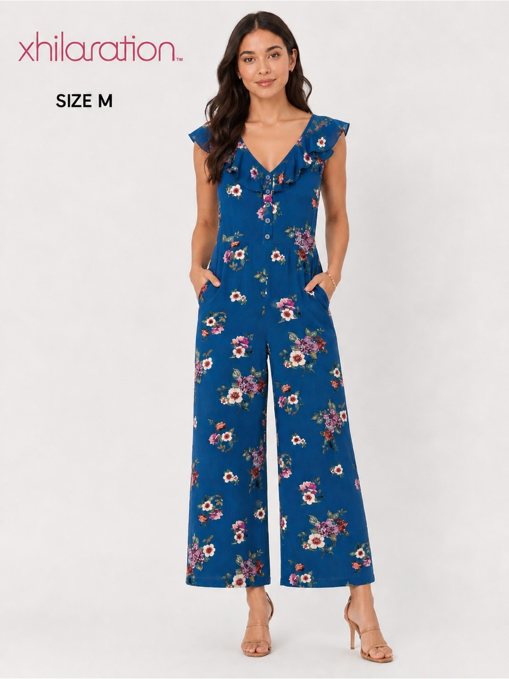 Xhilaration Floral Blue Wide Leg Jumpsuit Size M Ruffle Neckline